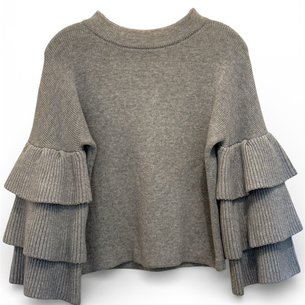ENDLESS ROSE Gray Tiered Ruffle Sleeve Crewneck Sweater
